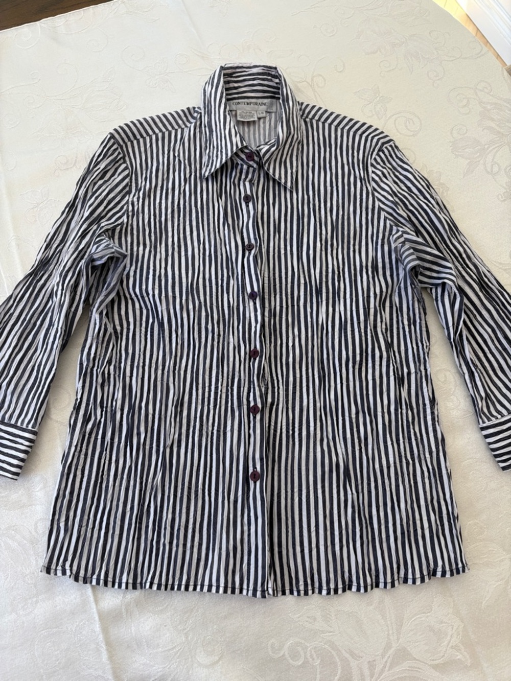 Dark Navy / Black & White Striped Button-Front Blouse